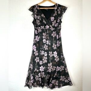 Meghan Mathews Chiffon Floral Ruffle Midi Dress Babydoll Y2K Office Party